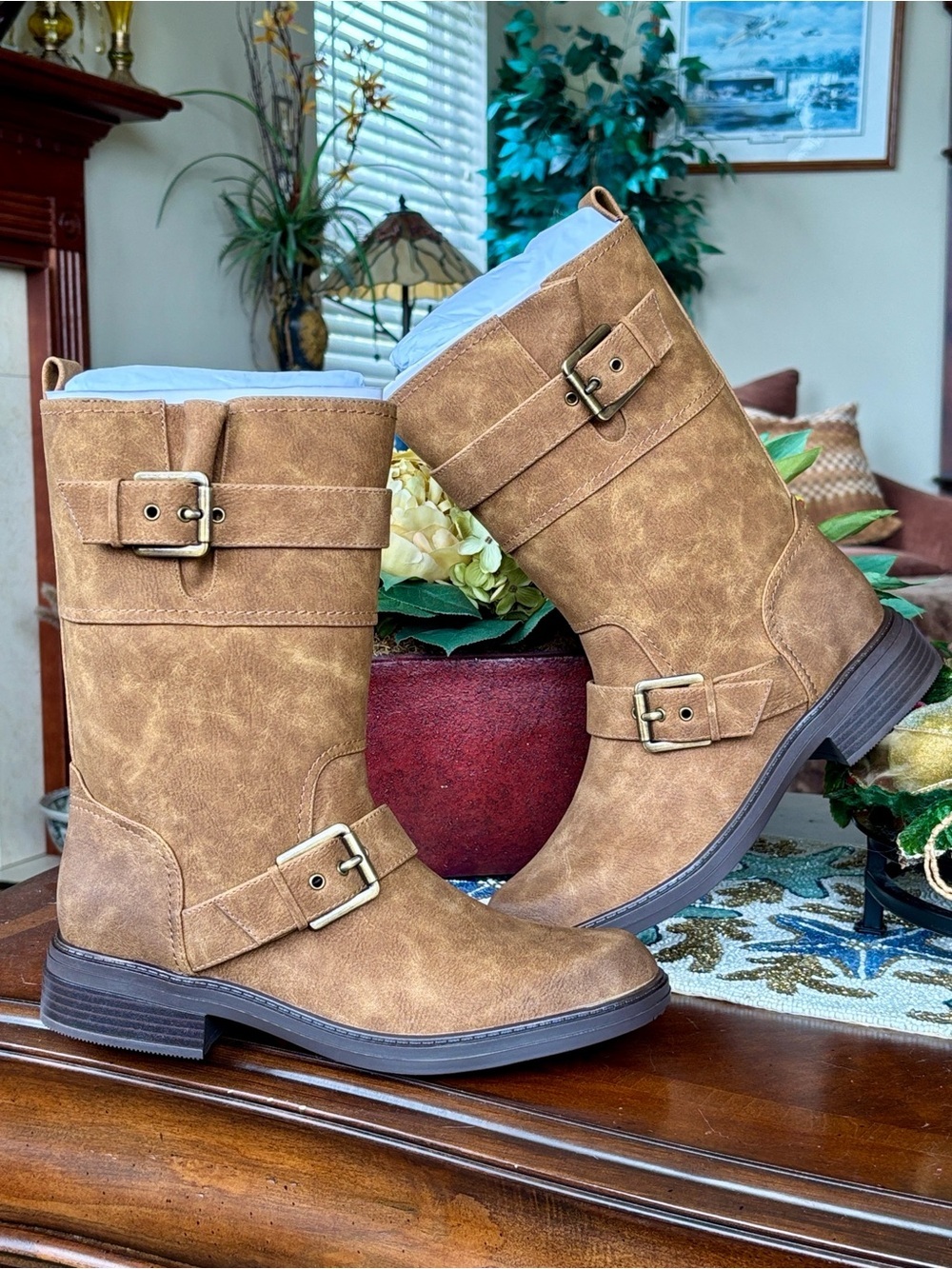 Brand New Naturalizer Latoya Mid-Calf Moto Boots Tan Block Heel Casual Buckles